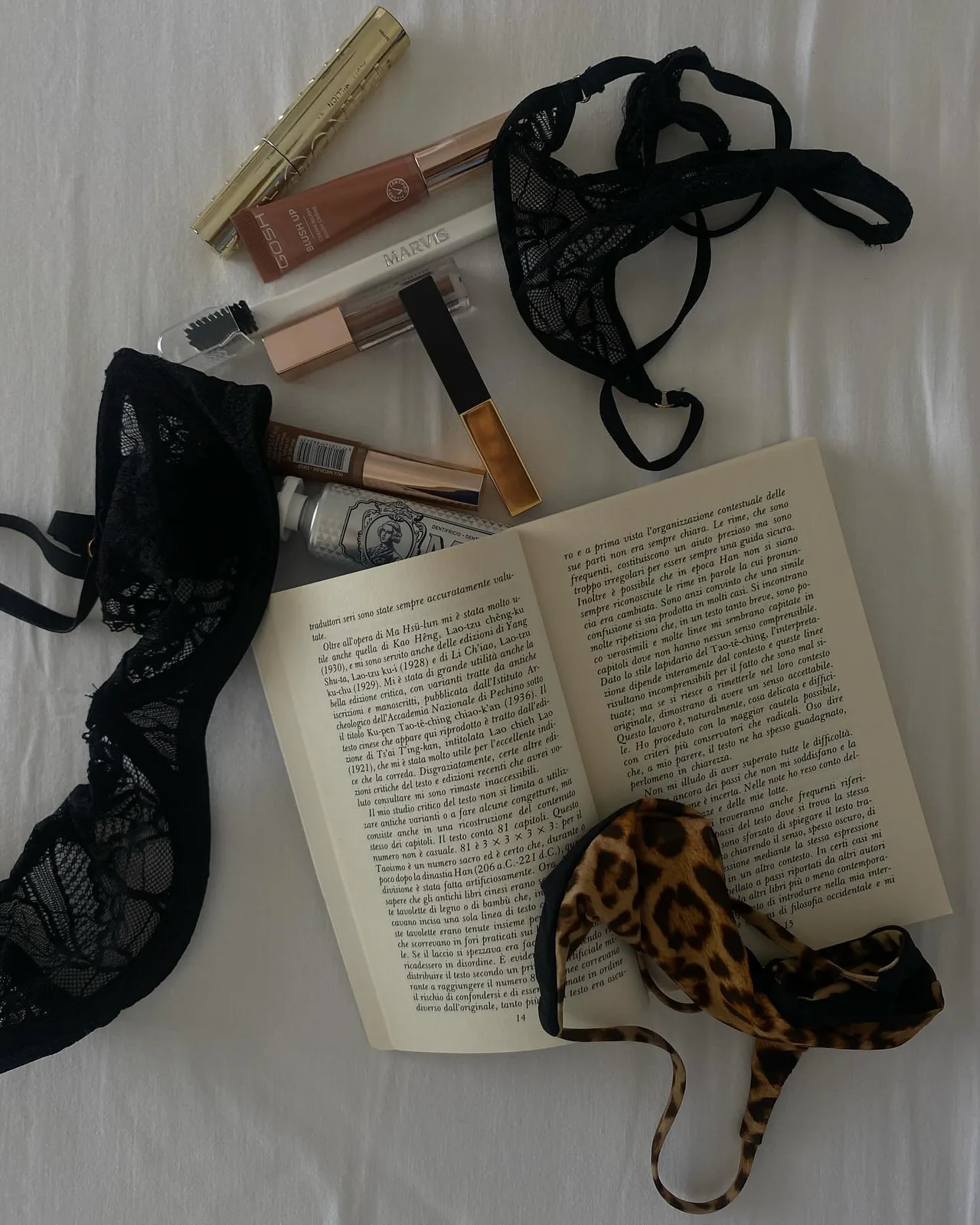 An open book, black lace and makeup on white sheets